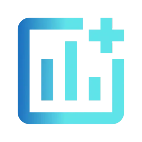 Blue gradient icon with a bar chart inside a rounded square and a plus sign in the upper right corner.