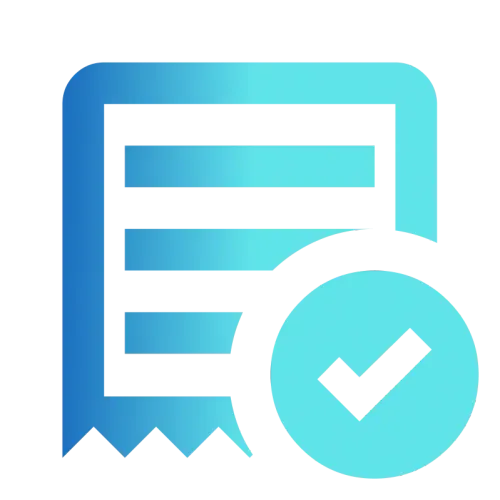 Blue receipt icon with a large checkmark indicating order approval.