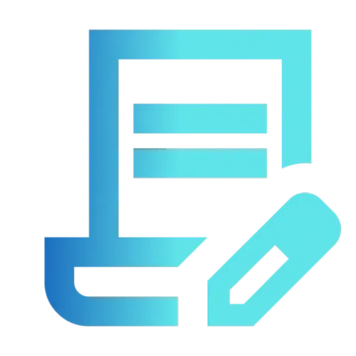 Blue gradient icon of a document with two horizontal lines and a pencil editing the corner.