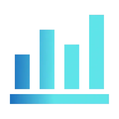 Bar chart icon with four vertical bars of varying heights in blue gradient on a black background.