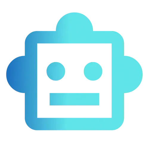 Blue gradient robot face icon with a square head, two round eyes, and a straight mouth.