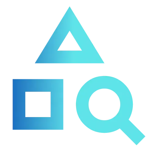 Blue gradient triangle shape above a blue gradient square and a blue gradient magnifying glass icon.