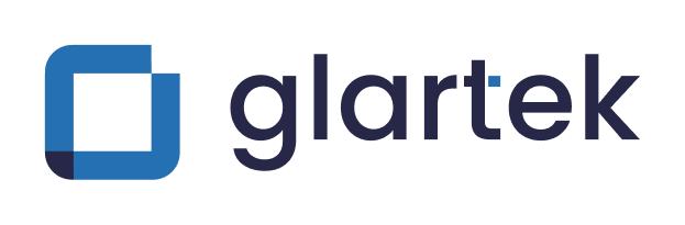 Glartek company logo with blue geometric icon and lowercase text.