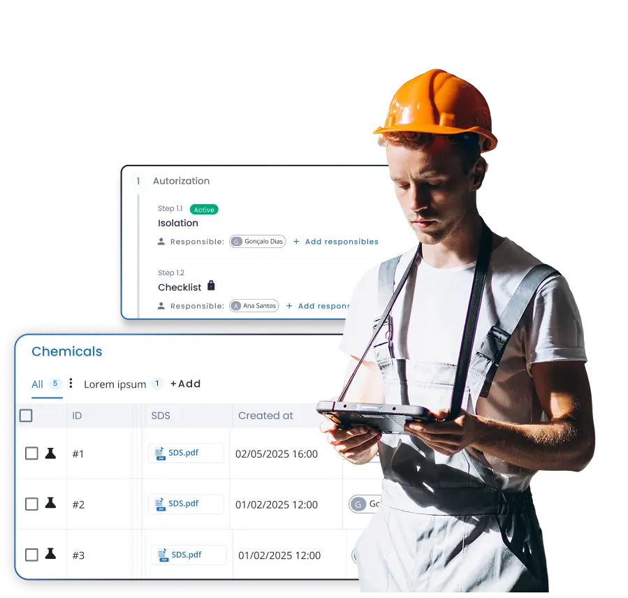 Man in orange hard hat and overalls using a tablet with overlay of chemical and authorization checklists.