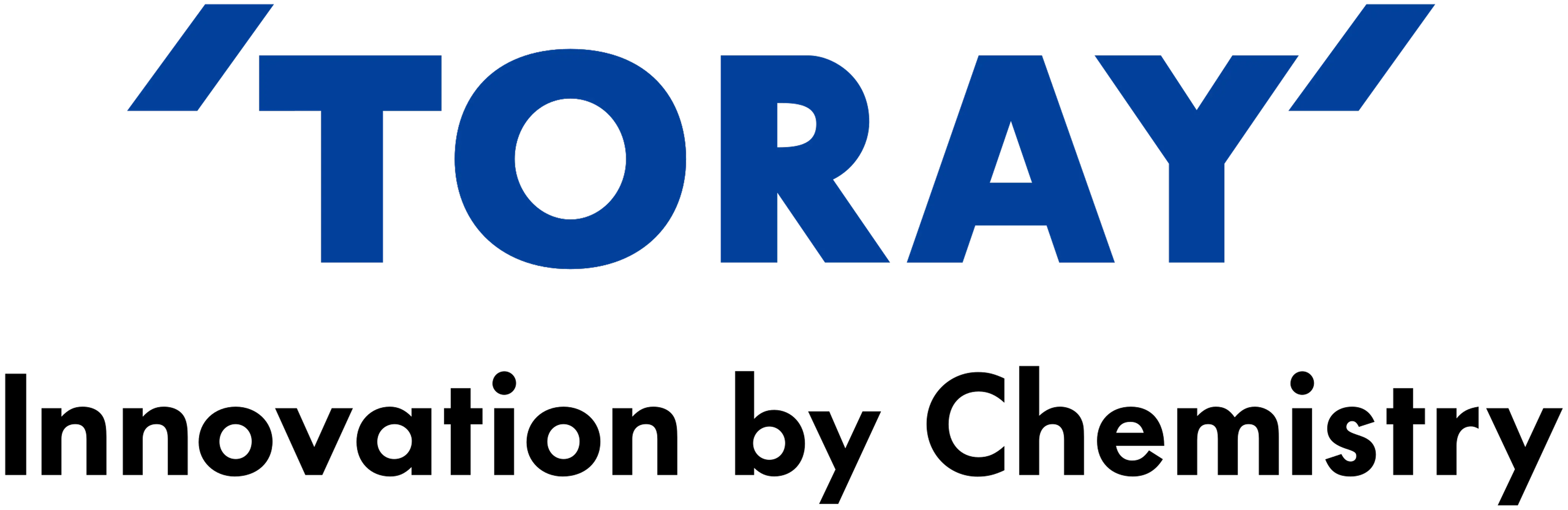 Blue capital letters spelling TORAY with angled marks above T and Y on a transparent background.