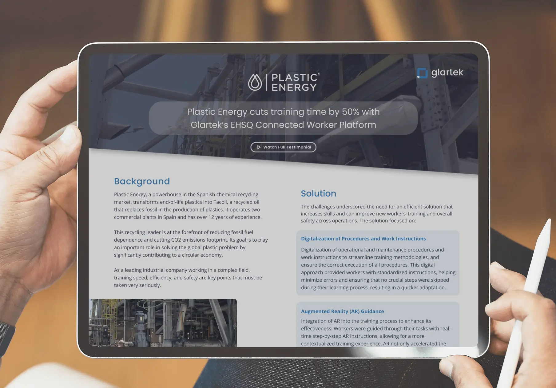Tablet showing Plastic Energy case study on training time cut by 50% with Glartek's platform.