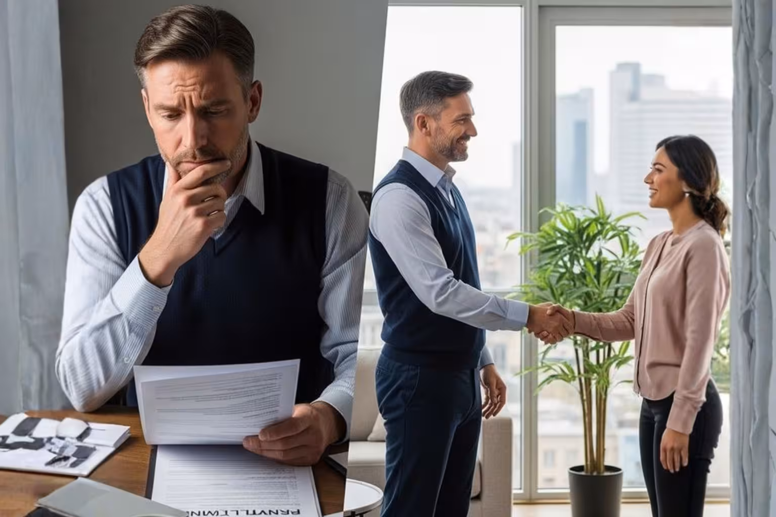 Landlord reviewing documents while choosing a property management company in New Jersey 