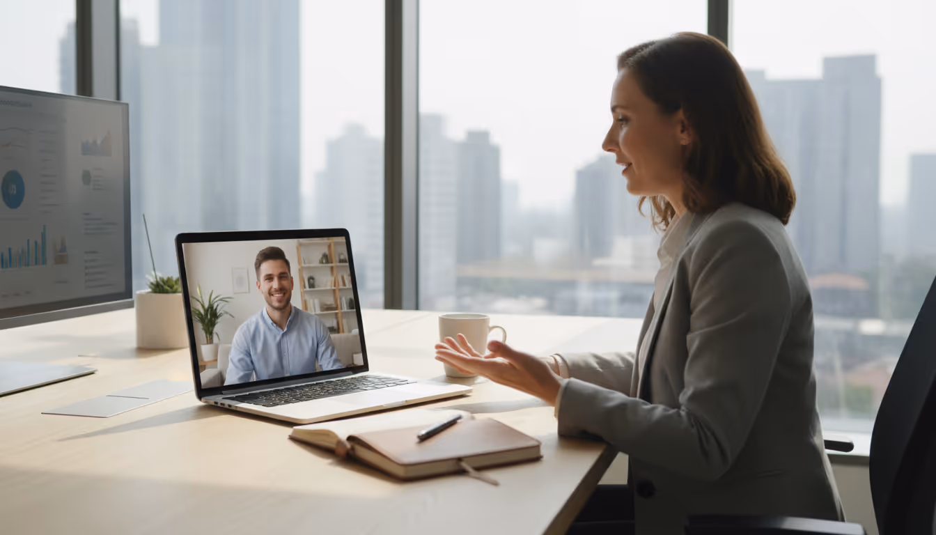 Smiling woman in a grey blazer having a video call on a laptop with a man in a modern office with city skyscrapers outside the window.