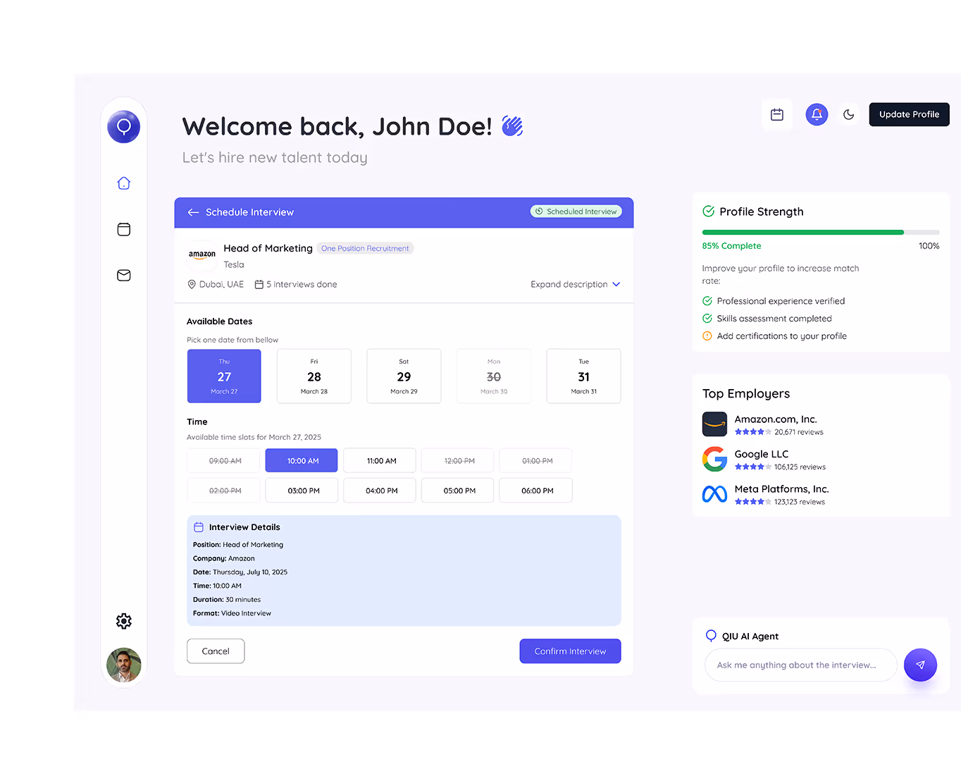 Dashboard screen showing a scheduled interview setup for Head of Marketing at Amazon with available dates and time slots, profile strength at 85%, top employers list, and QIU AI agent chat box.