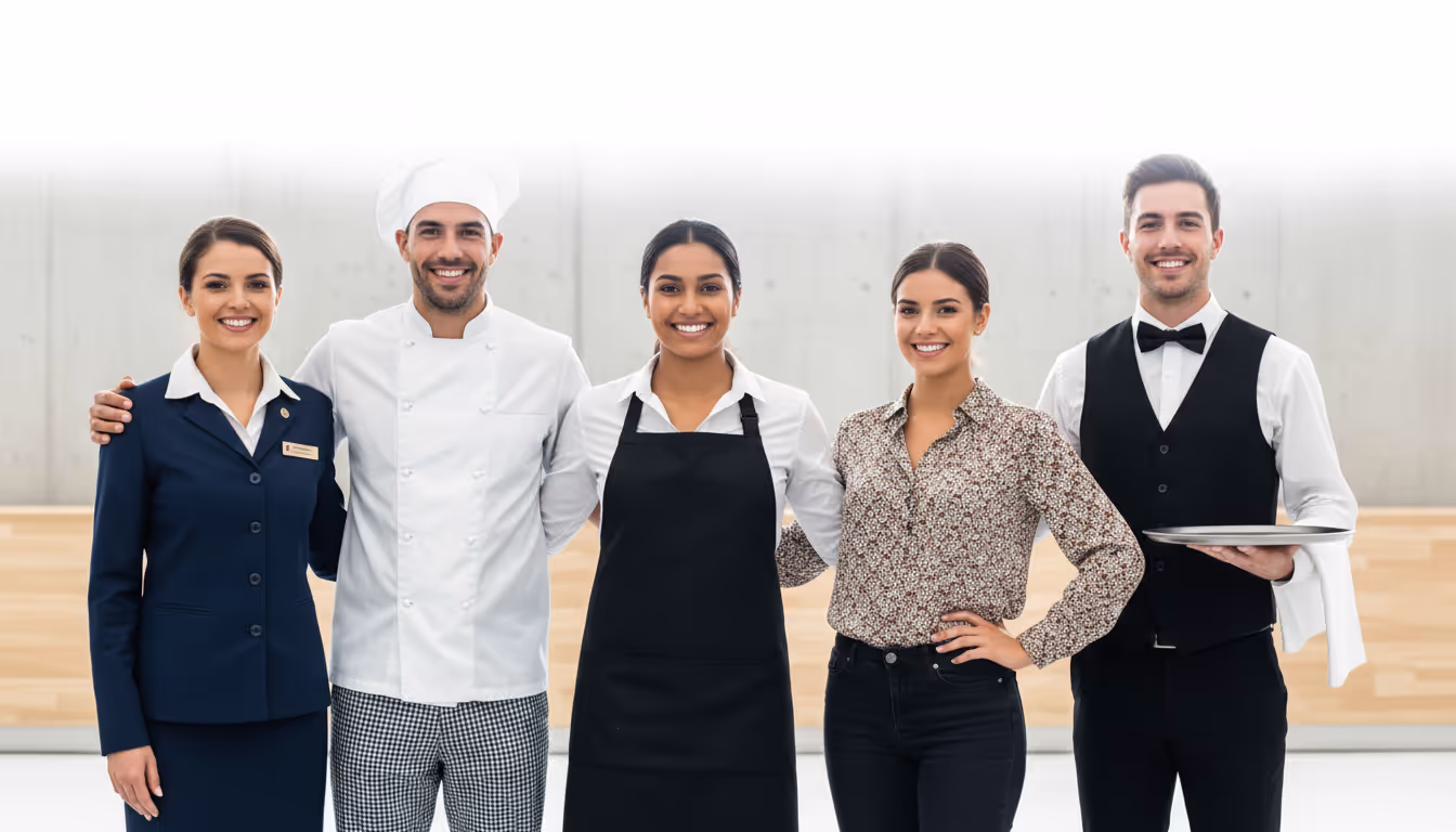 Group of five hospitality professionals including a receptionist, chef, waitress, manager, and waiter standing together and smiling.