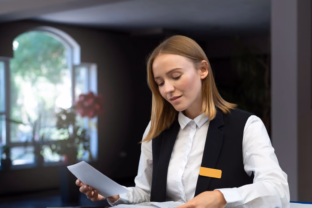 Recepcionista de hotel atendiendo en el mostrador