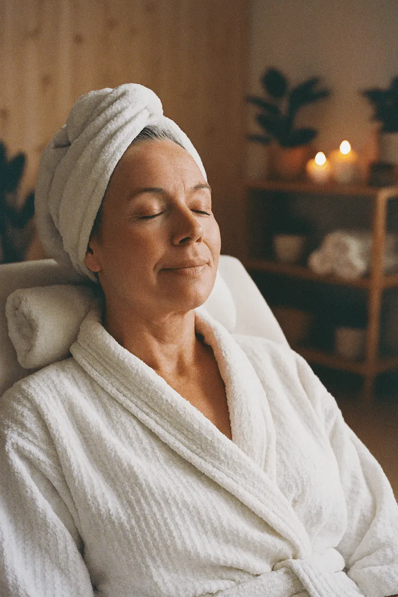 Relaxed woman wearing a white bathrobe and towel turban sitting with eyes closed in a spa setting with lit candles and plants in the background.