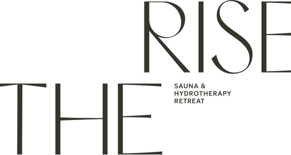 Logo text reading 'The Rise' with subtext 'Sauna & Hydrotherapy Retreat' in a minimalist black font.