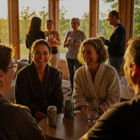 Group of people socializing indoors in natural light, two women in front laughing and holding drinks around a wooden table.