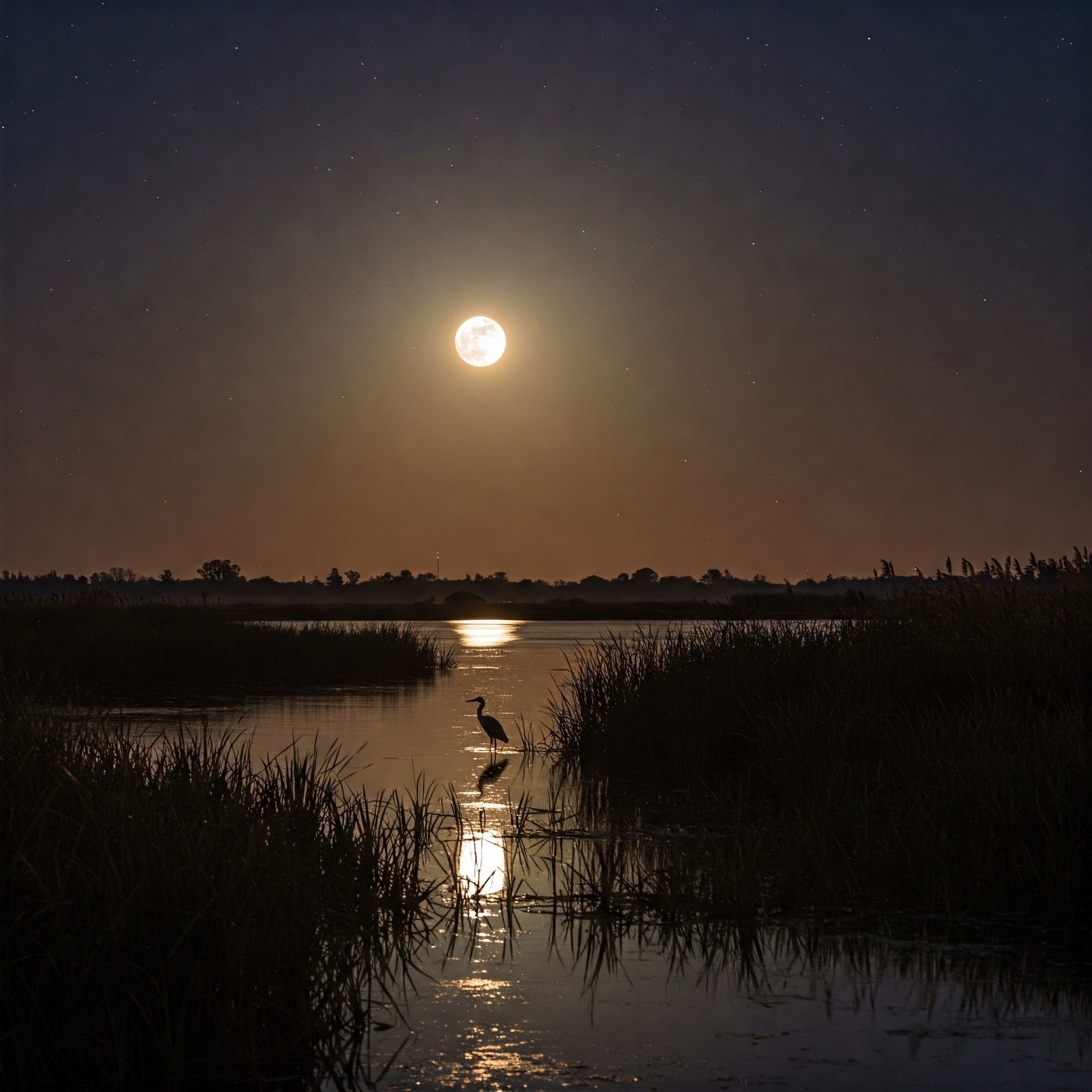 Full moon shining over a marsh with a silhouette of a heron standing in the water.