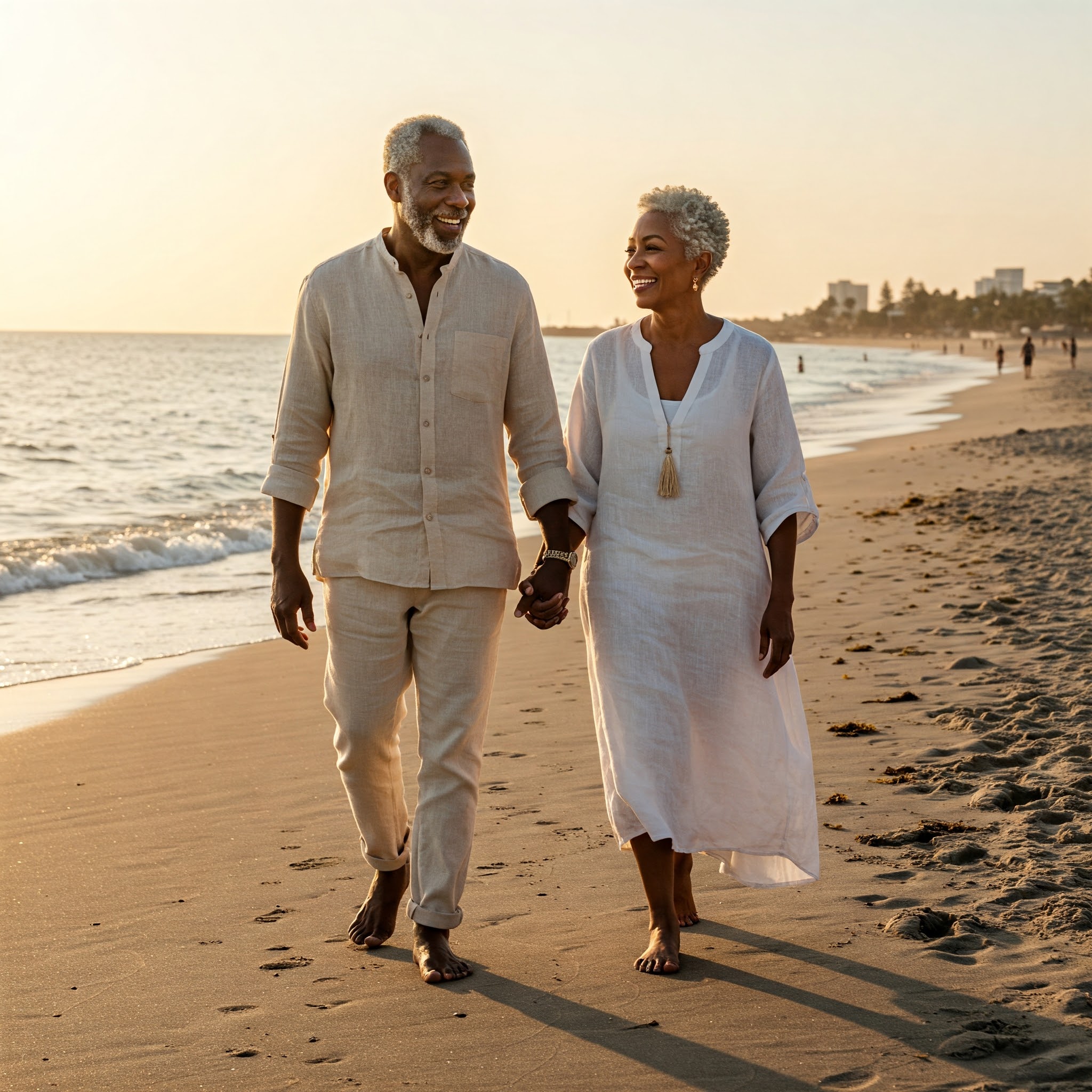 Smiling elderly couple holding hands and walking barefoot on a sandy beach at sunset.