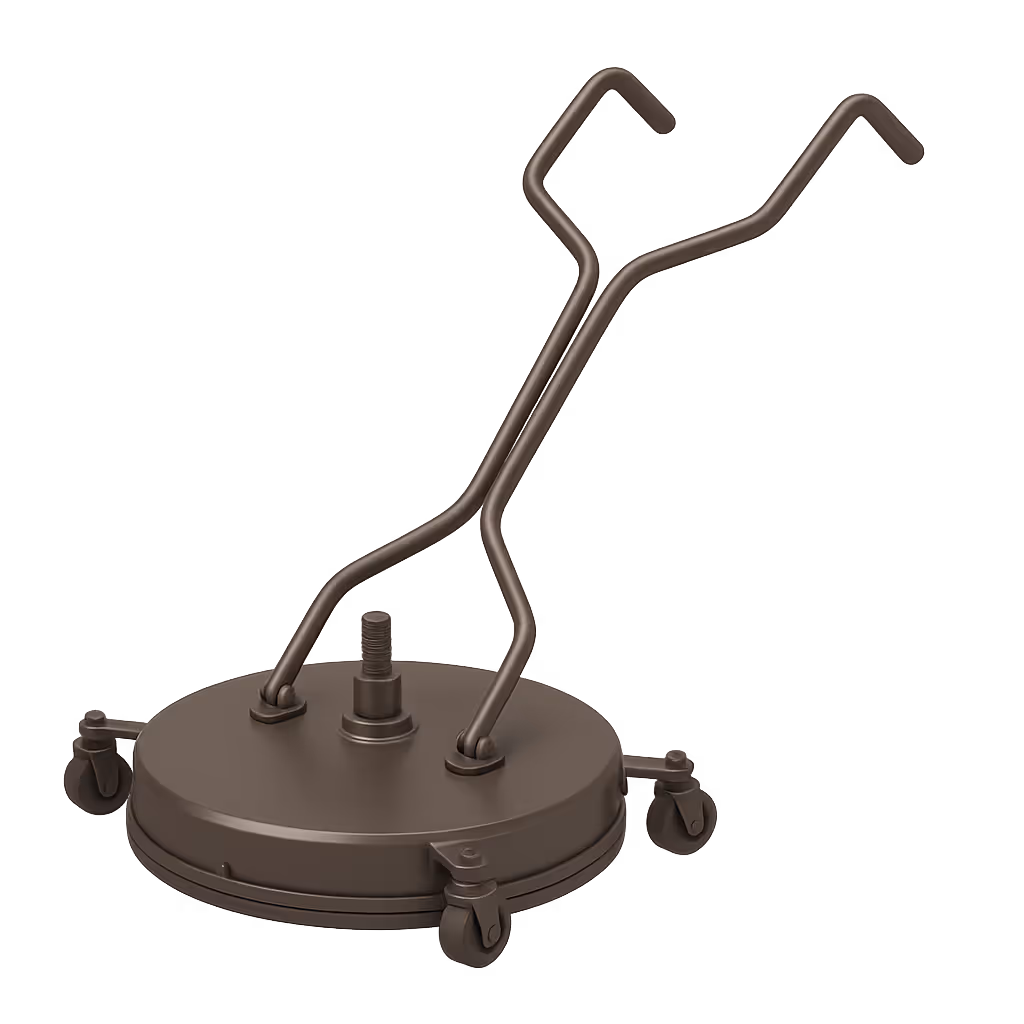 Icône 3D d’une brosse de surface avec roulettes et poignée en métal, brun foncé.