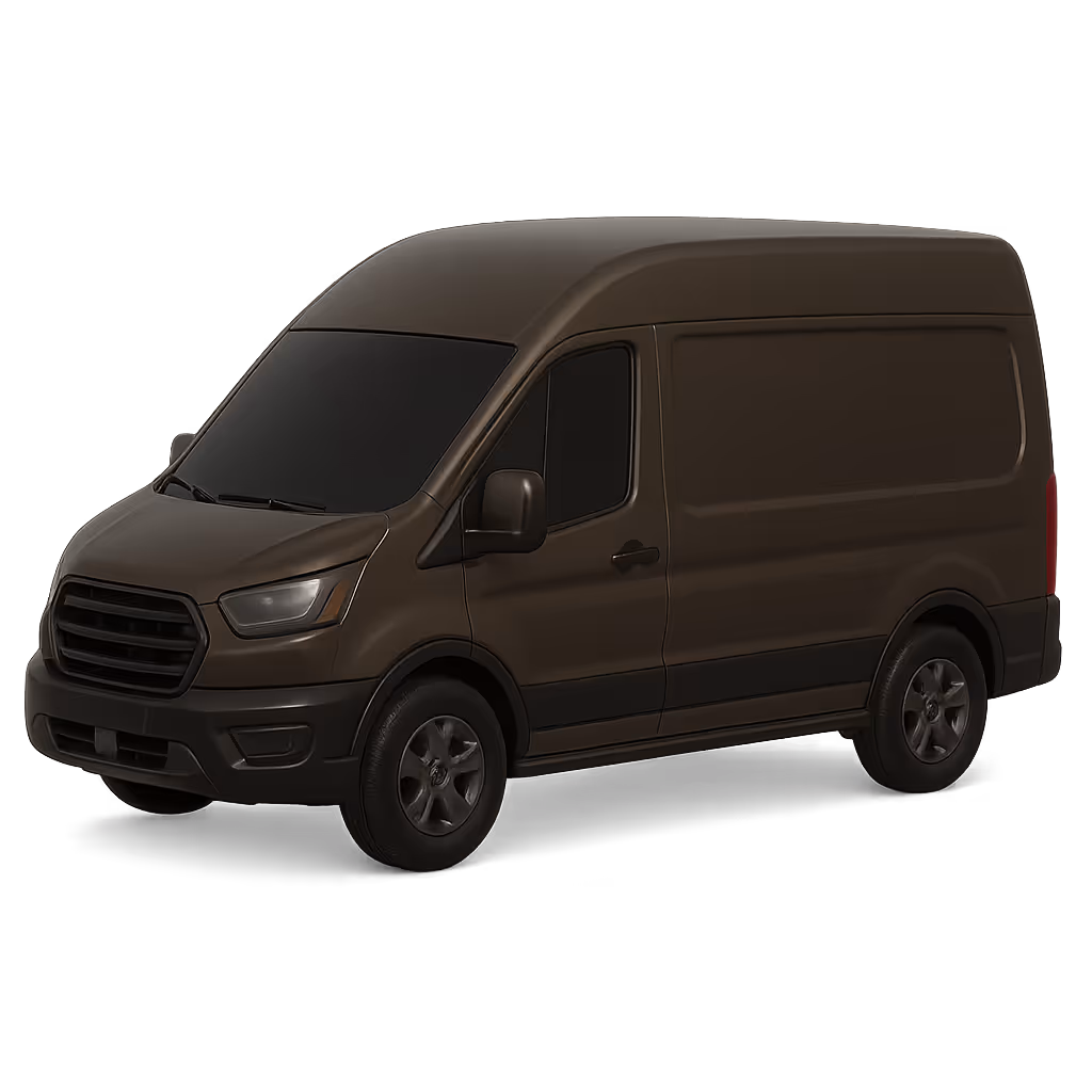 Modèle 3D d’une fourgonnette Ford Transit brun foncé avec le logo SCELLIBLOK sur la portière.