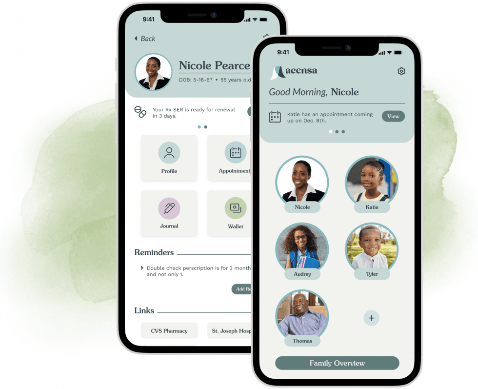 Acensa Health mobile app interface showing patient profile, appointment scheduling, family health overview, and medication reminders.