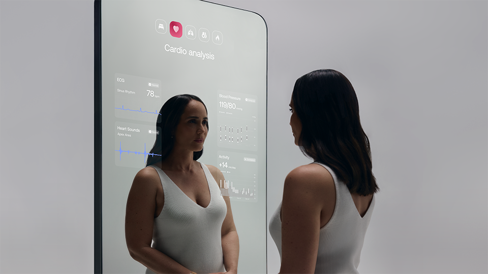 Withings Omnia smart mirror displaying health metrics and body composition data