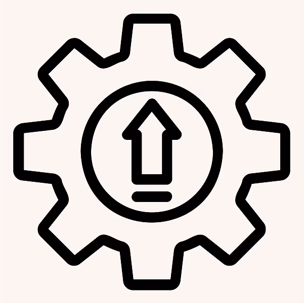 Icon of a gear with an upward arrow, illustrating process improvement and progress