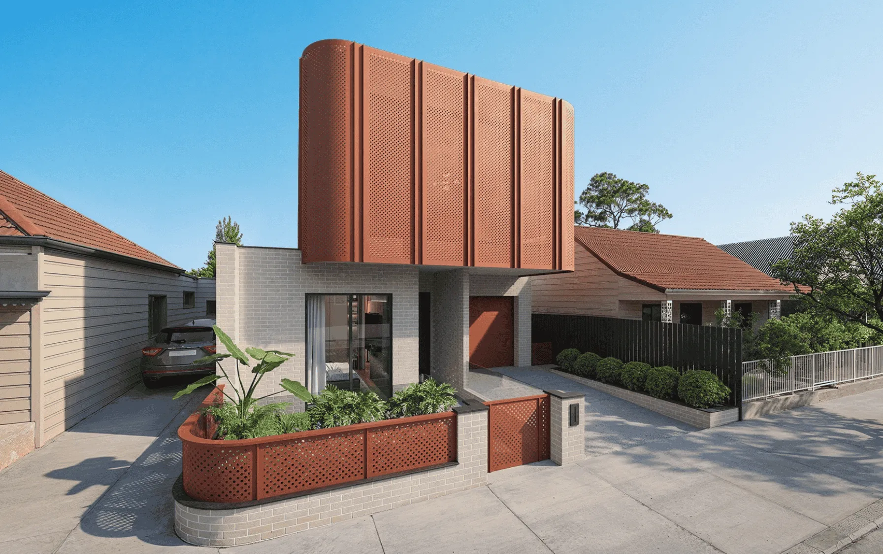 Aurum Lilyfield luxury residential development with perforated metal panel facade and contemporary design  