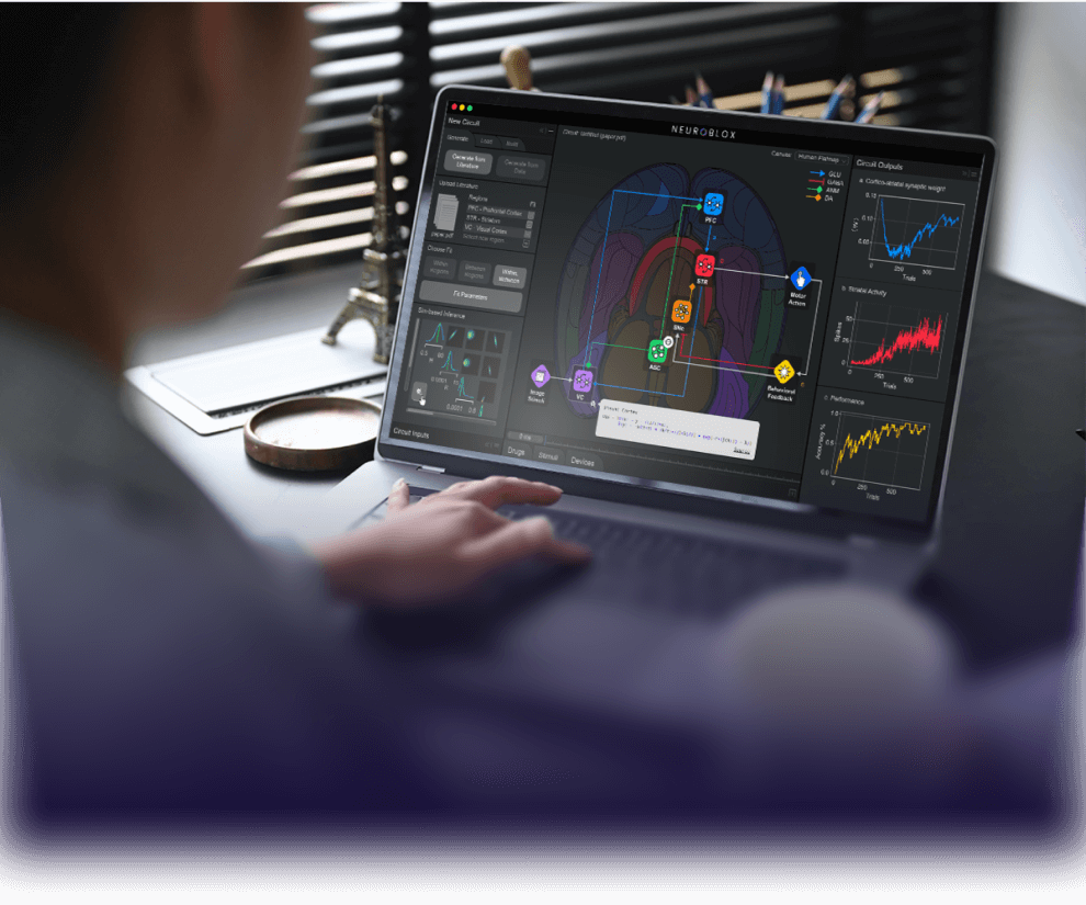 person looking at computer screen which is showing Neuroblox Software interface