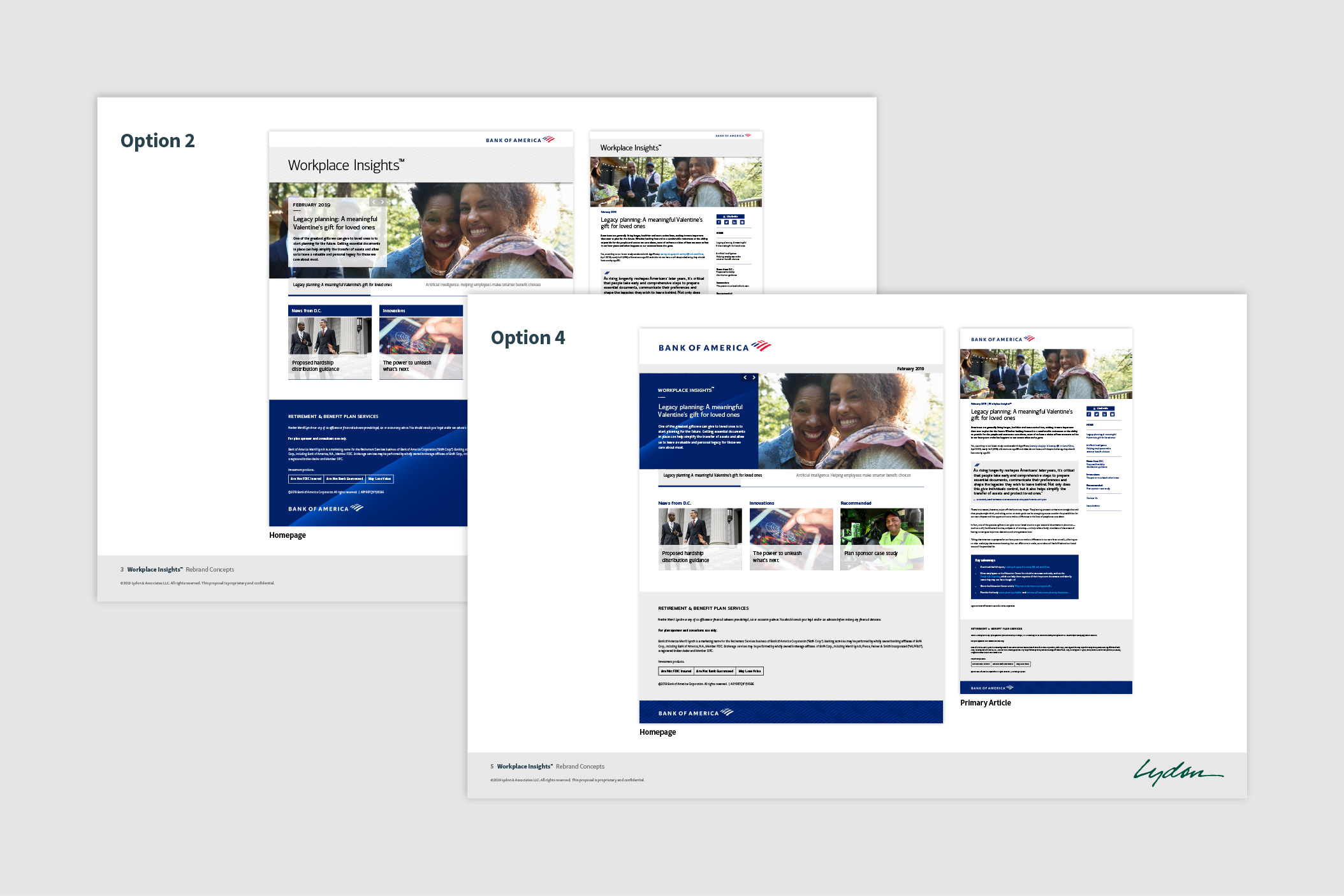 Screenshots of Bank of America Workplace Insights™ site refresh concepts