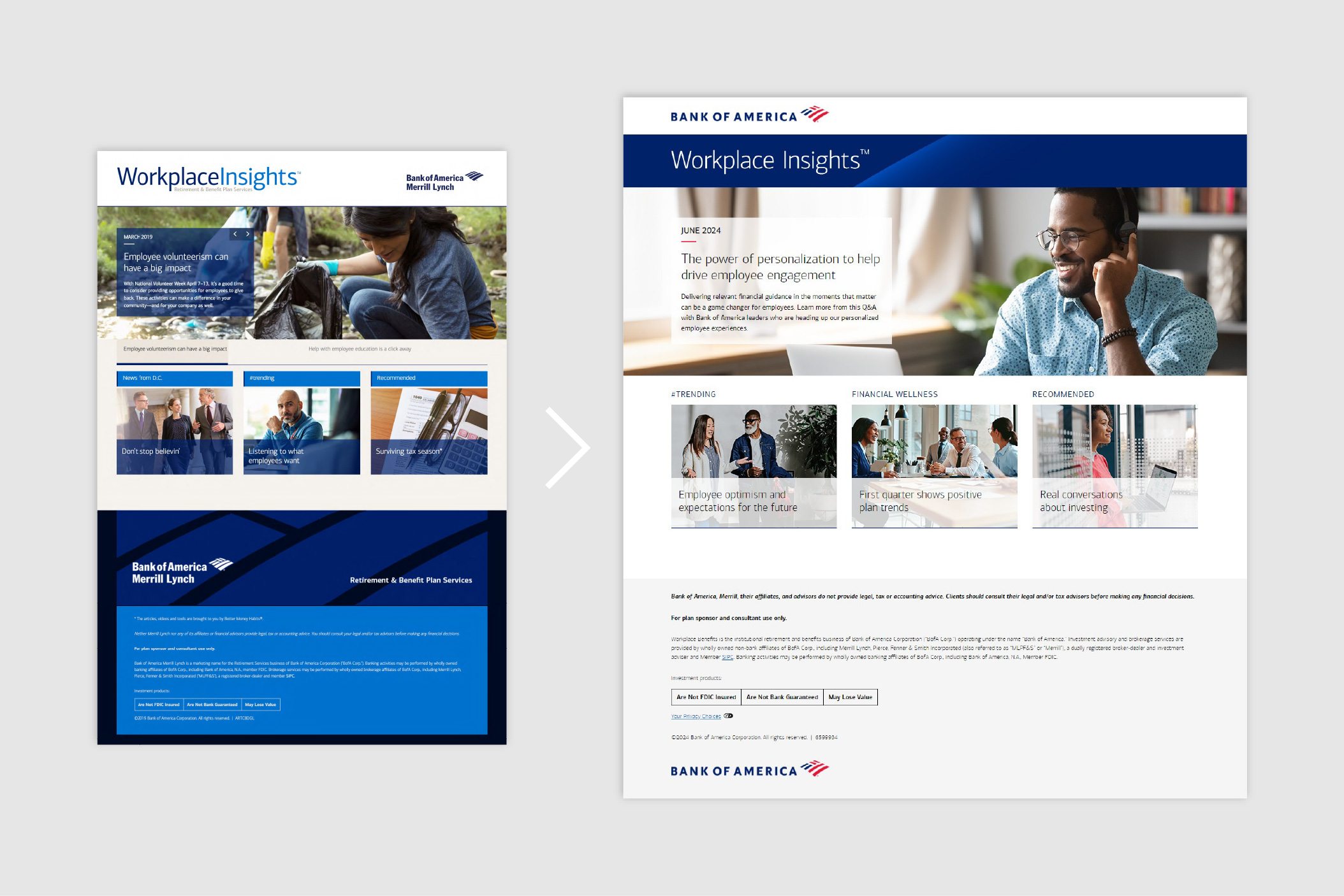 Screenshots of Bank of America Workplace Insights™ before and after of site refresh