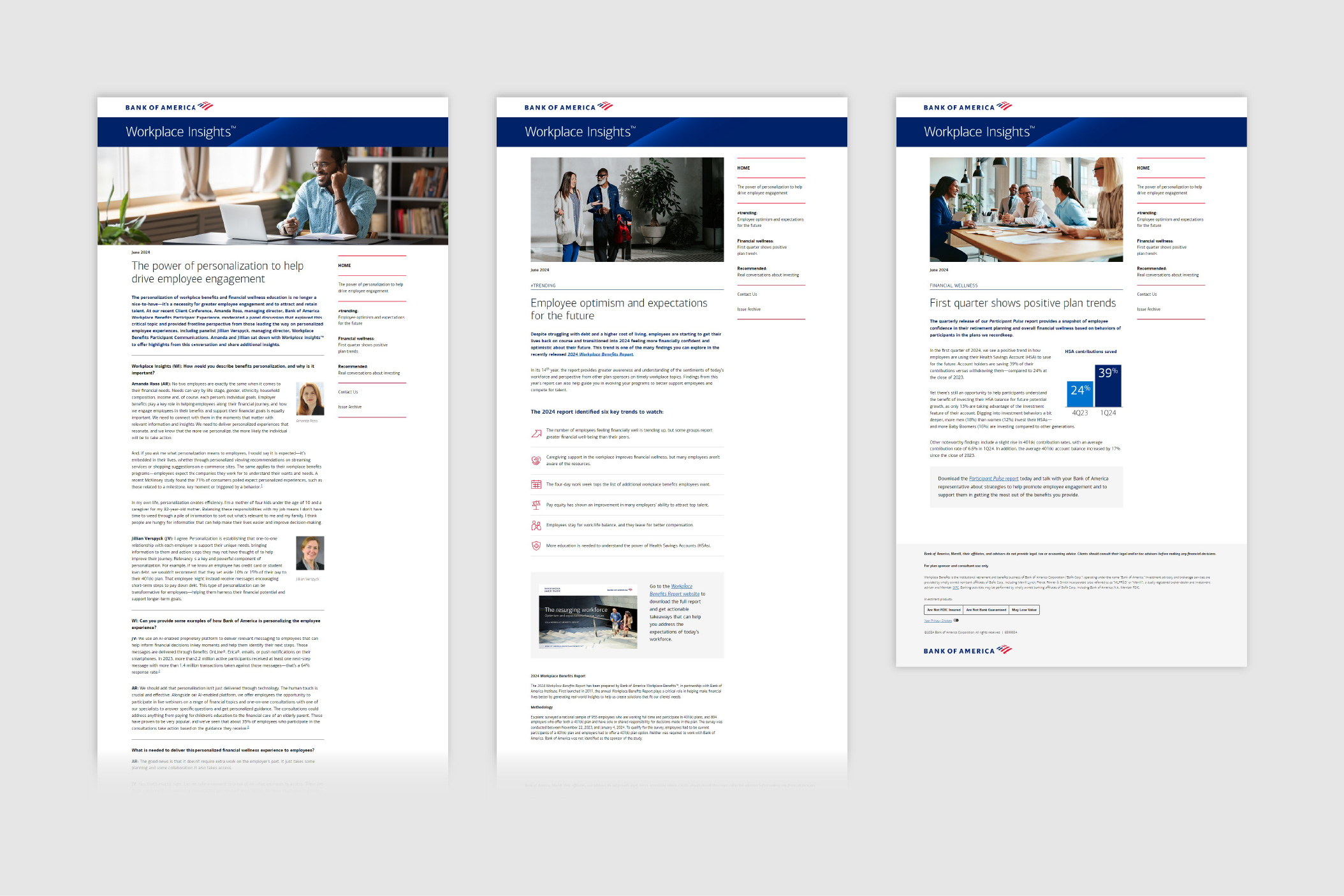 Screenshots of Bank of America Workplace Insights™ article layouts
