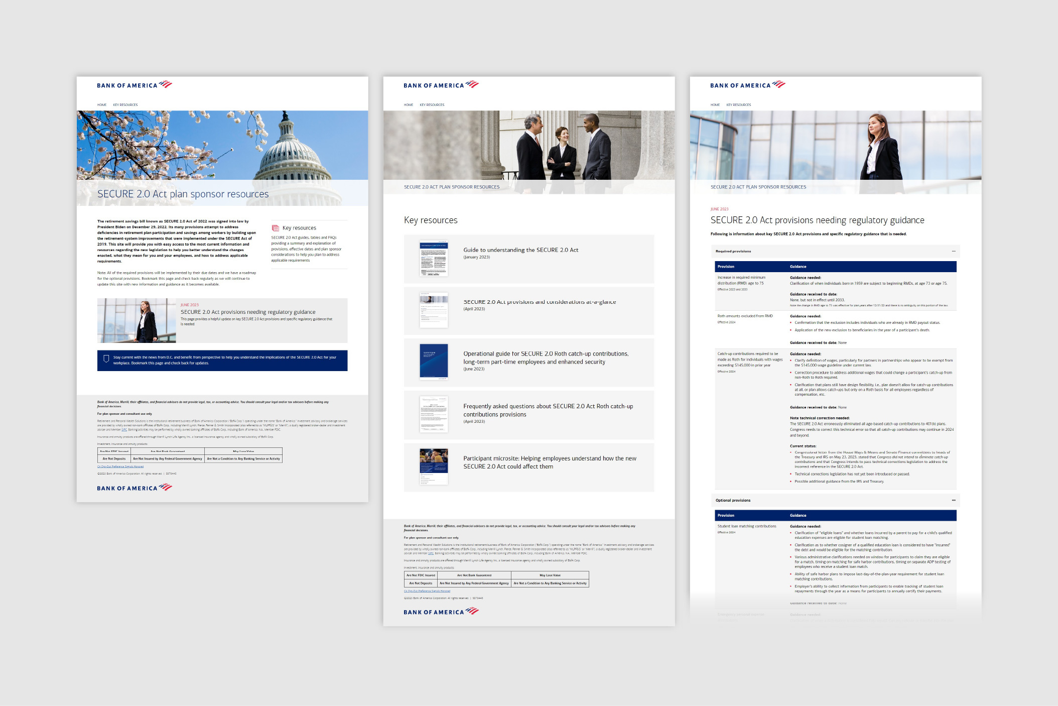Screenshots of Bank of America SECURE 2.0 Act article layouts