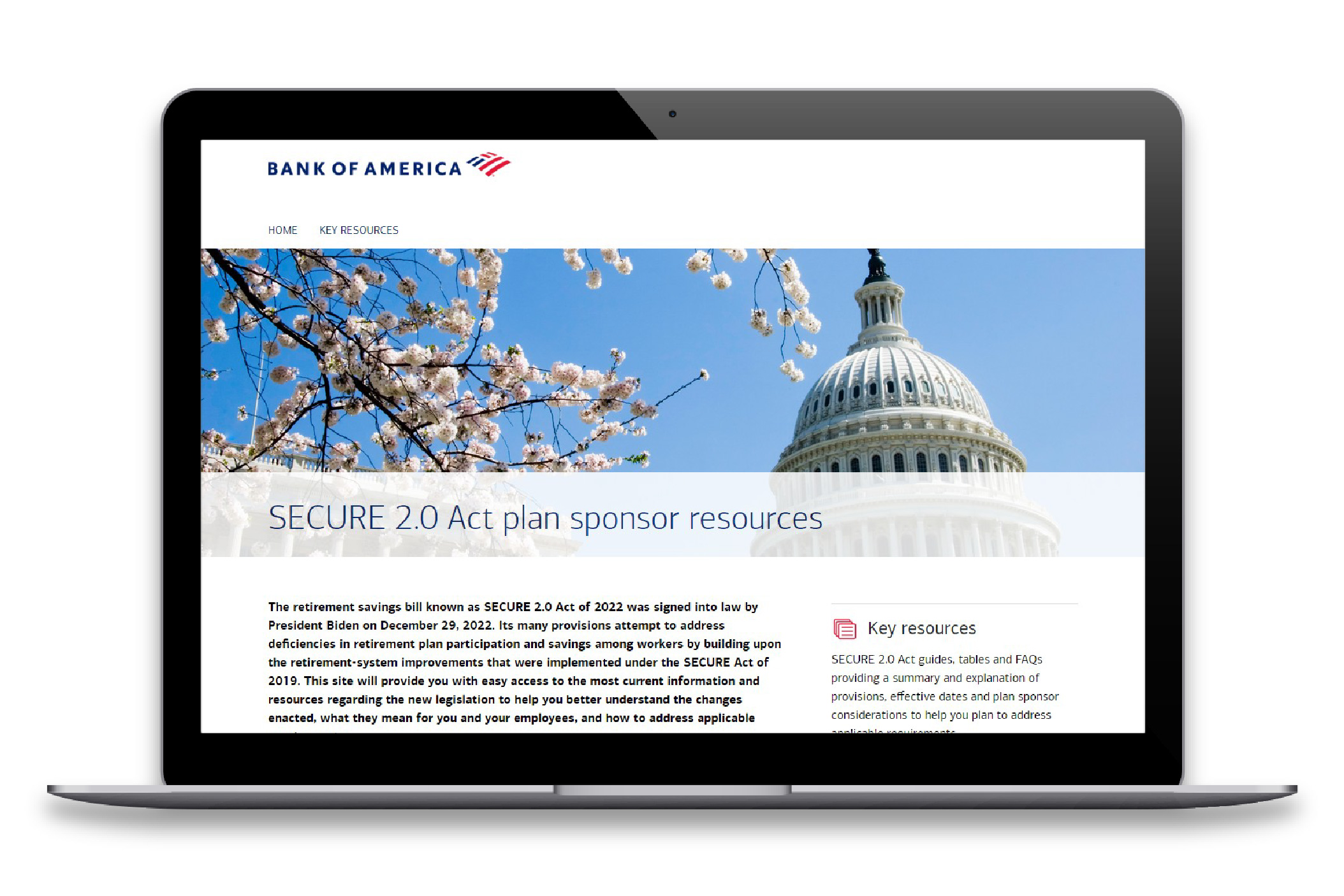 Screenshot of Bank of America SECURE 2.0 Act microsite on a laptop