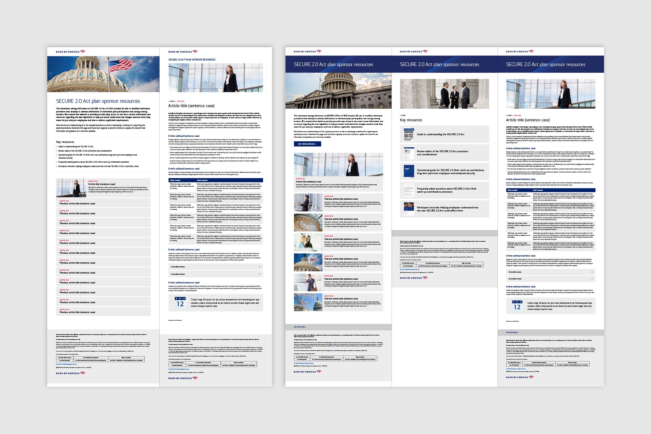 Screenshots of Bank of America SECURE 2.0 Act site concepts