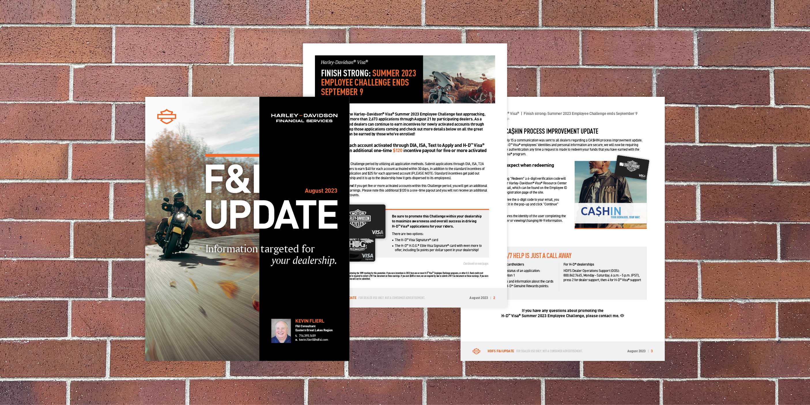 Screenshots of Harley-Davidson Financial Services F&I Update cover page and page layouts in front of a brick wall