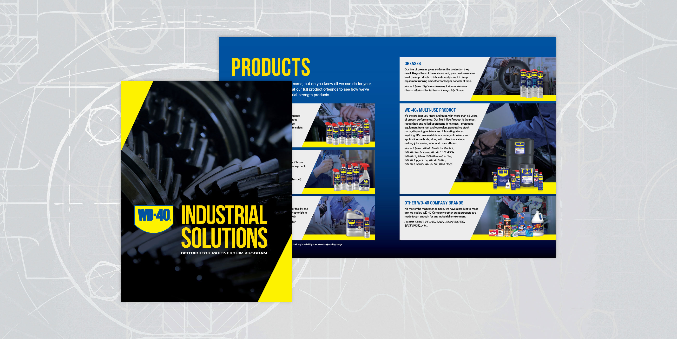 Screenshots of the WD-40 Company Industrial Capabilities Brochure on a gray textured background