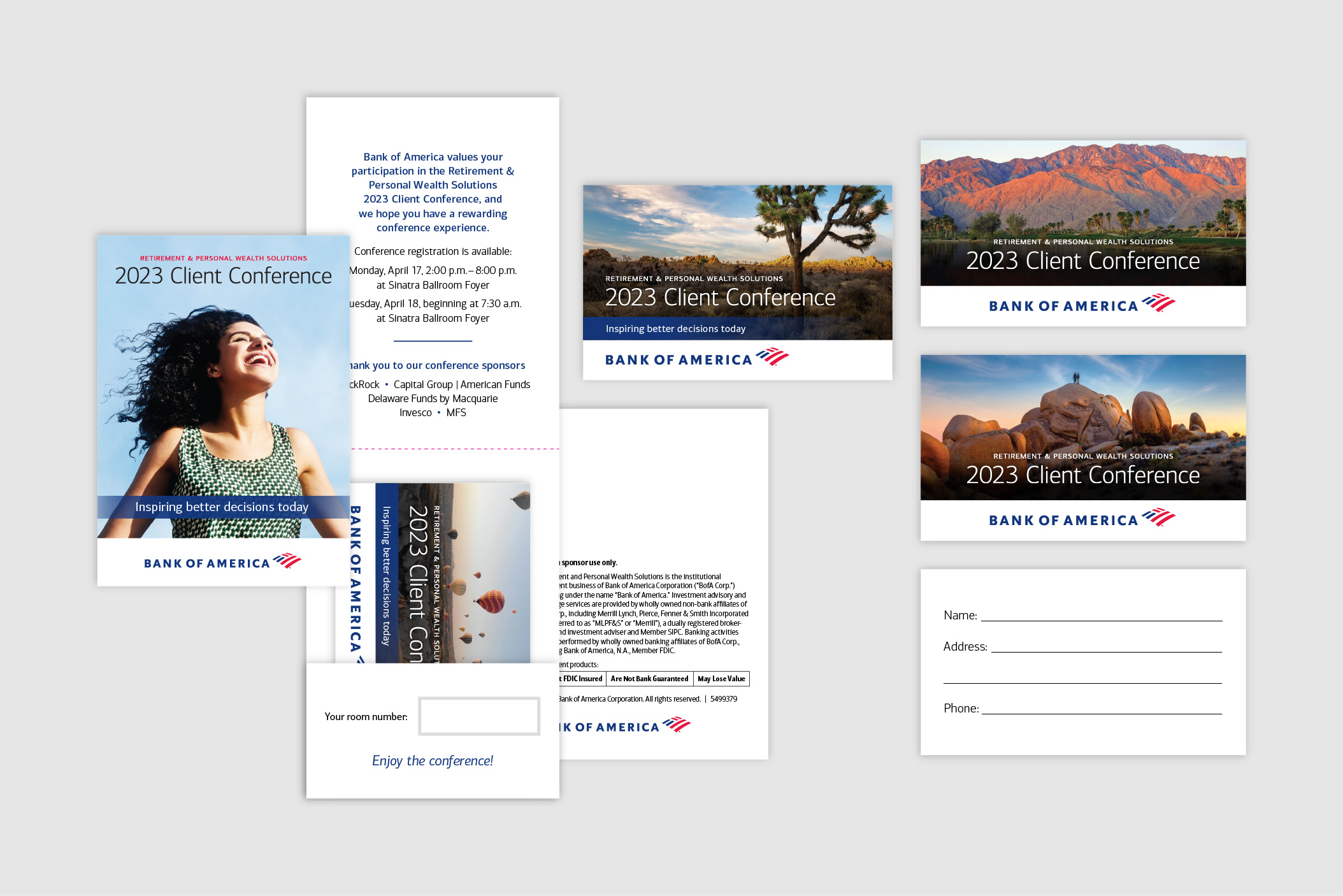 Screenshots of Client Conference 2023 keycard, holder, and luggage tags
