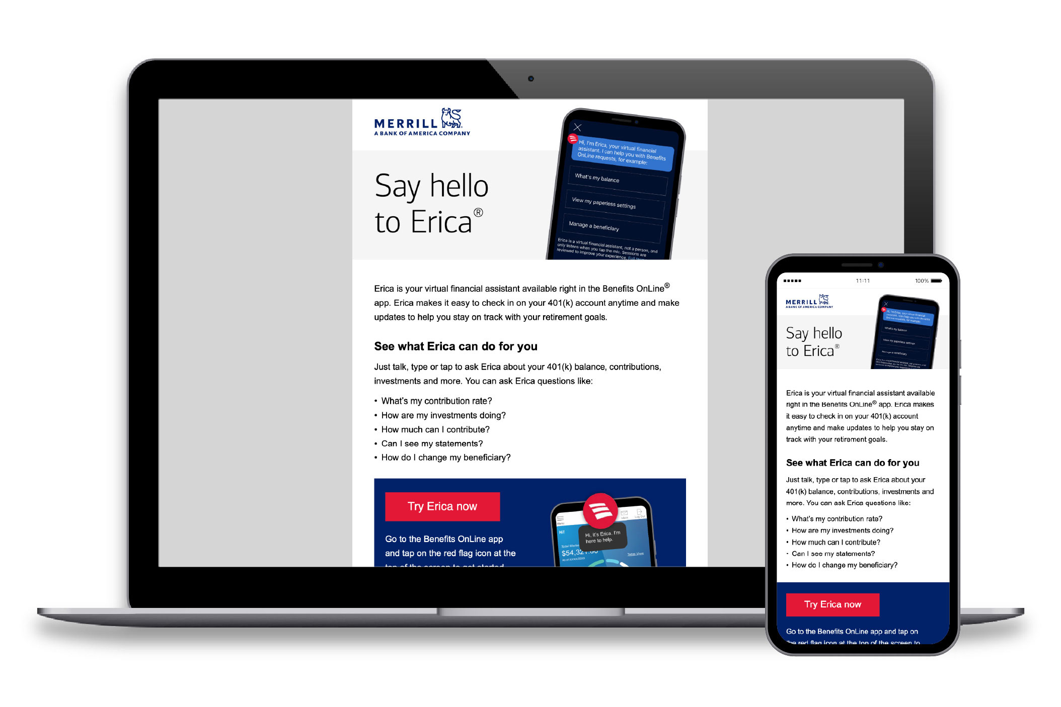 Screenshots of Bank of America Erica® email on desktop and mobile