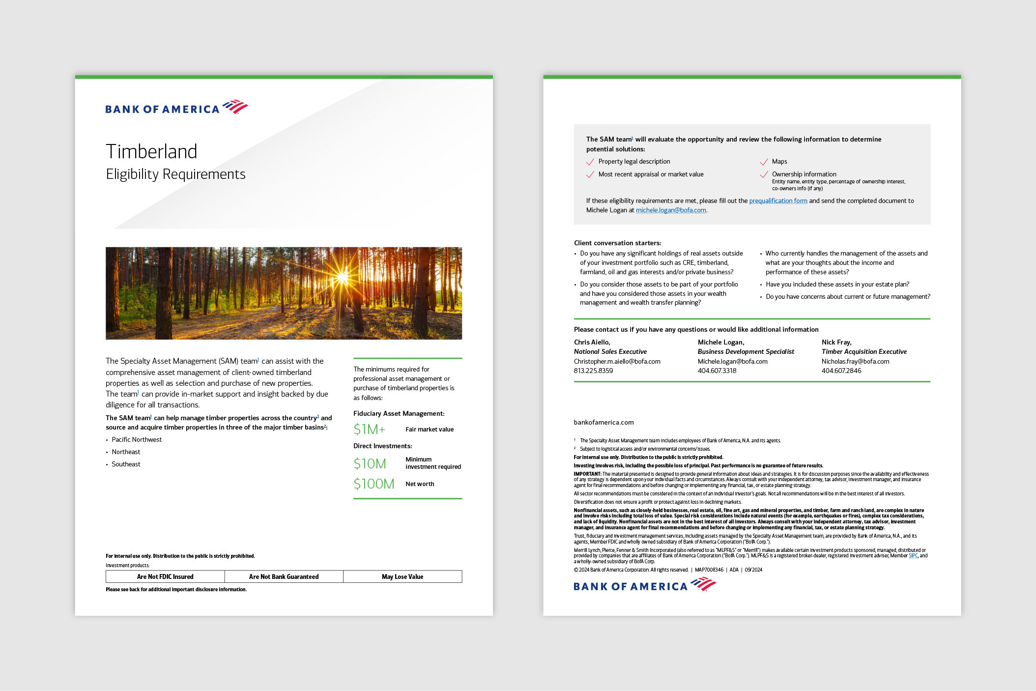 Screenshots of Bank of America Timberland Specialty Asset Management eligibility paper