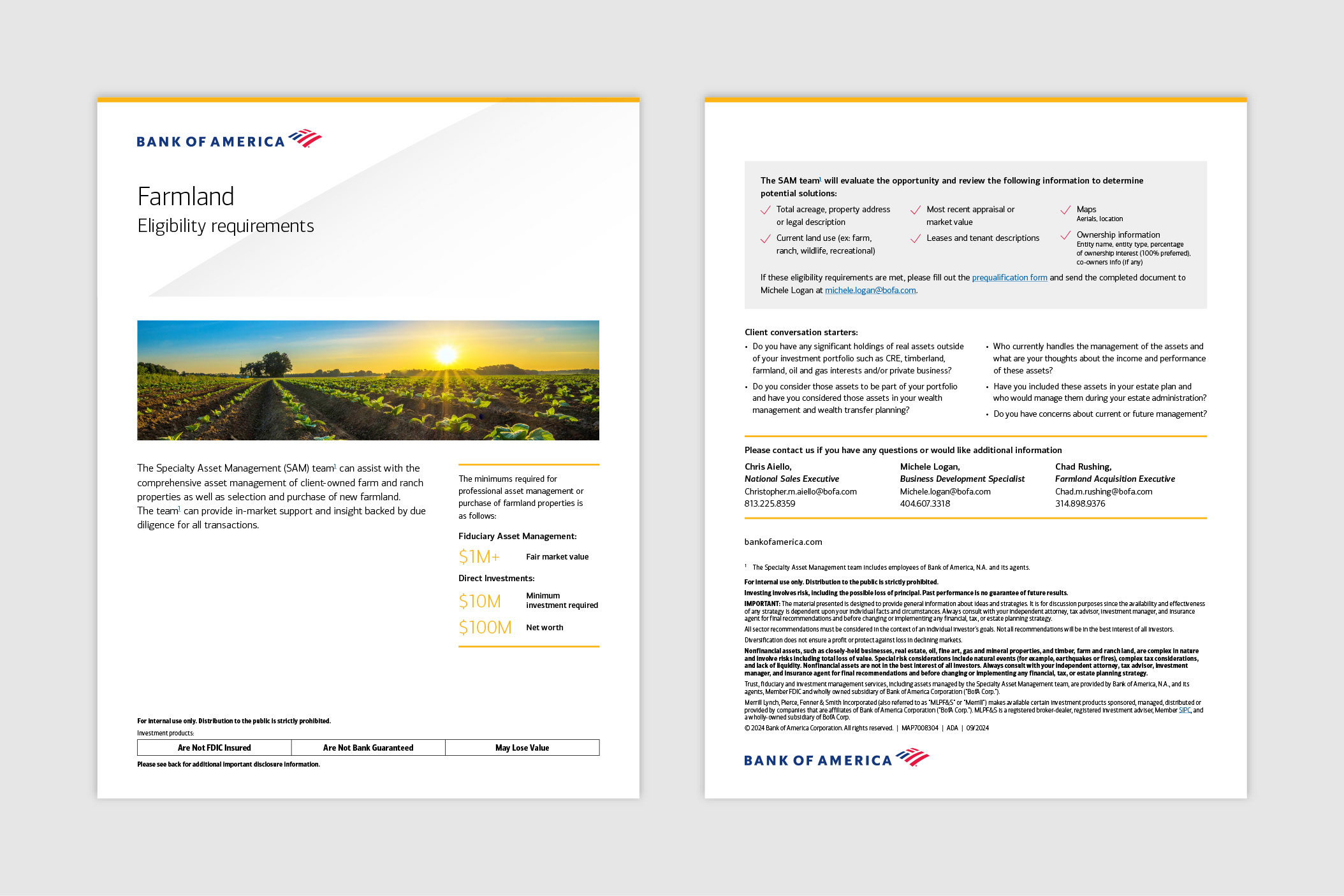 Screenshots of Bank of America Farmland Specialty Asset Management eligibility paper