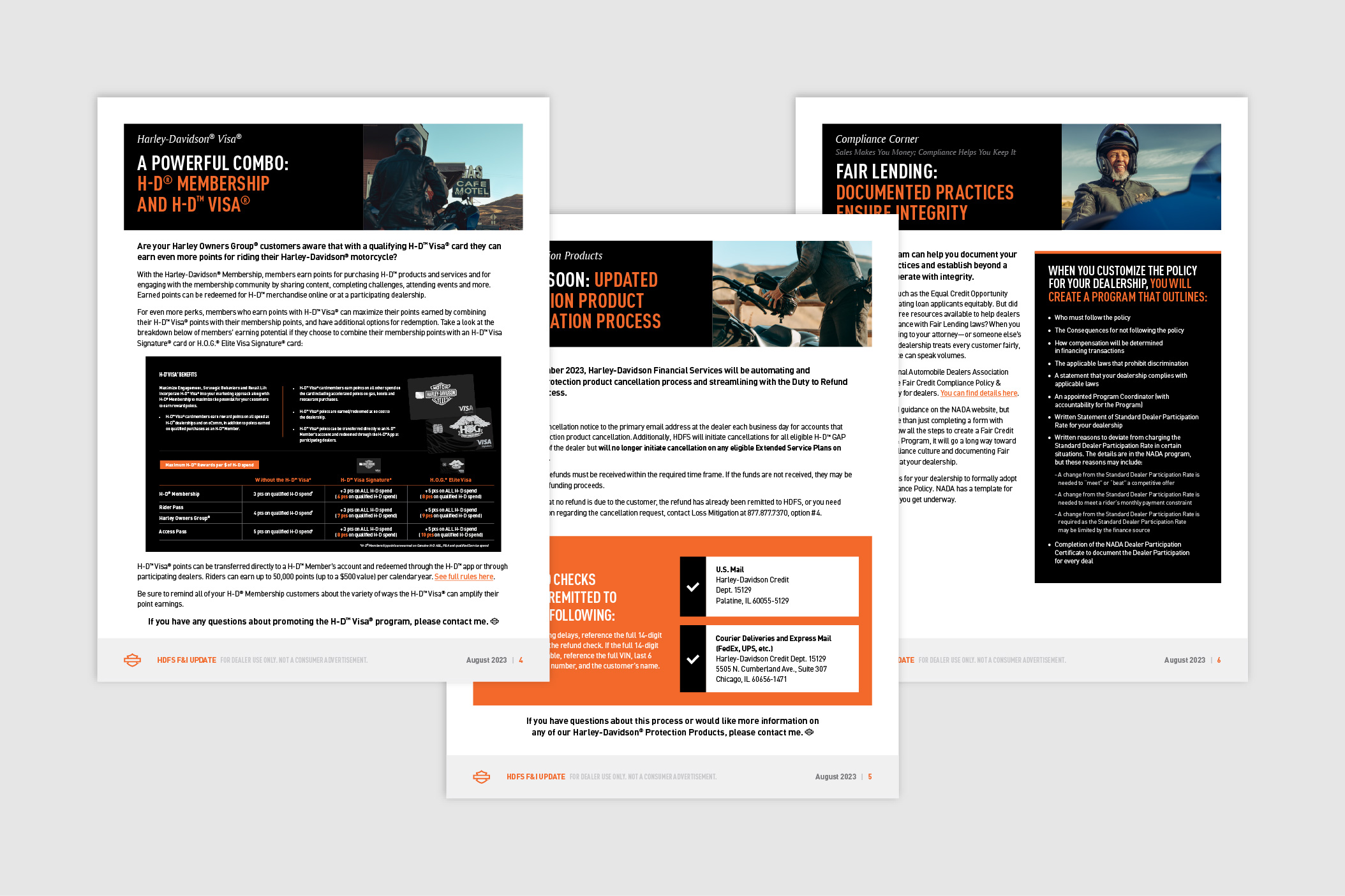 Screenshots of Harley-Davidson Financial Services F&I Update August 2023 articles