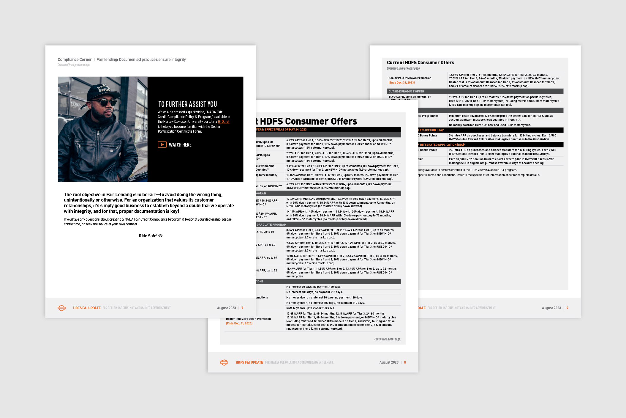 Screenshots of Harley-Davidson Financial Services F&I Update August 2023 article and current offers