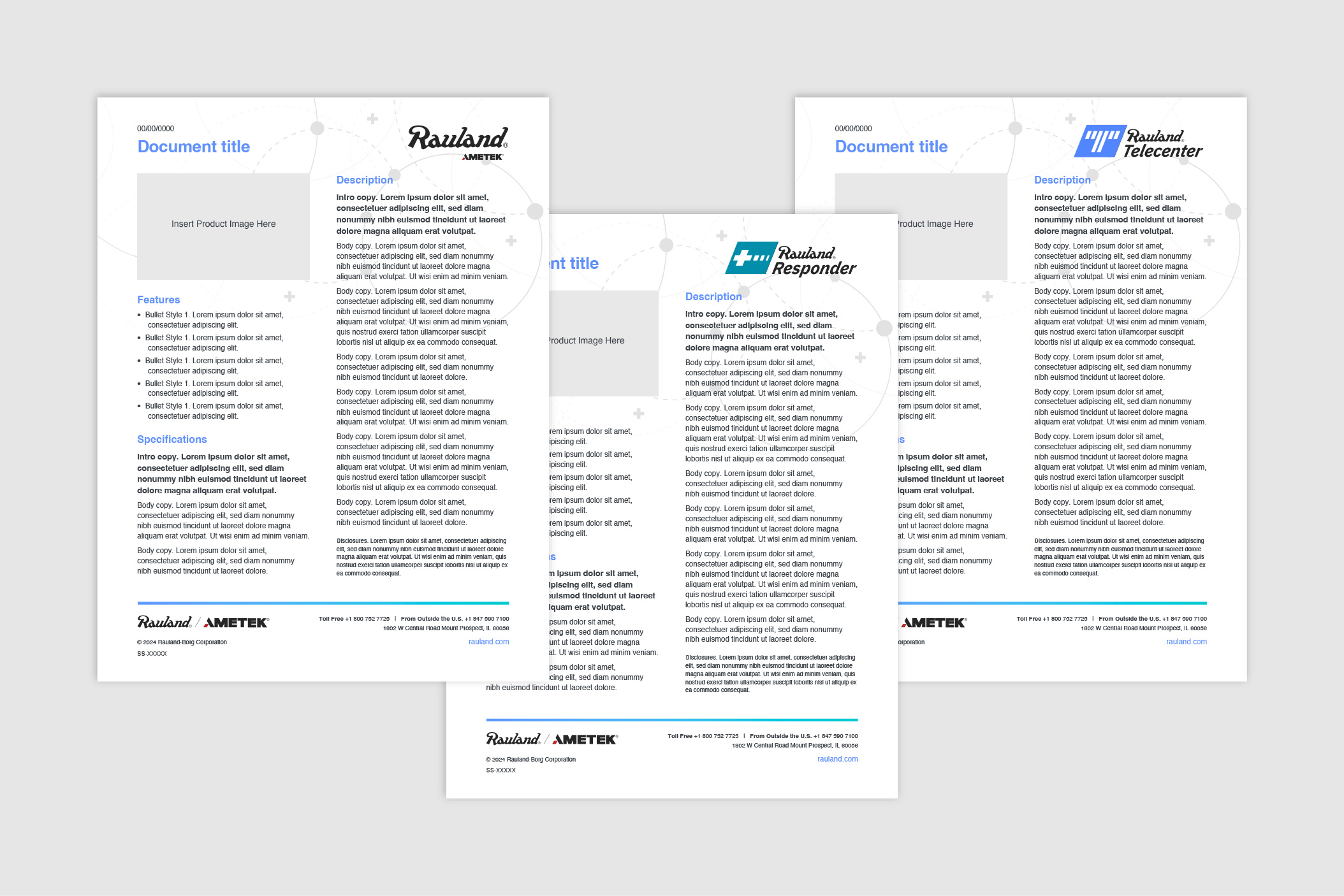 Screenshots of catalog page templates for Rauland Ametek, Rauland Responder, and Rauland Telecenter