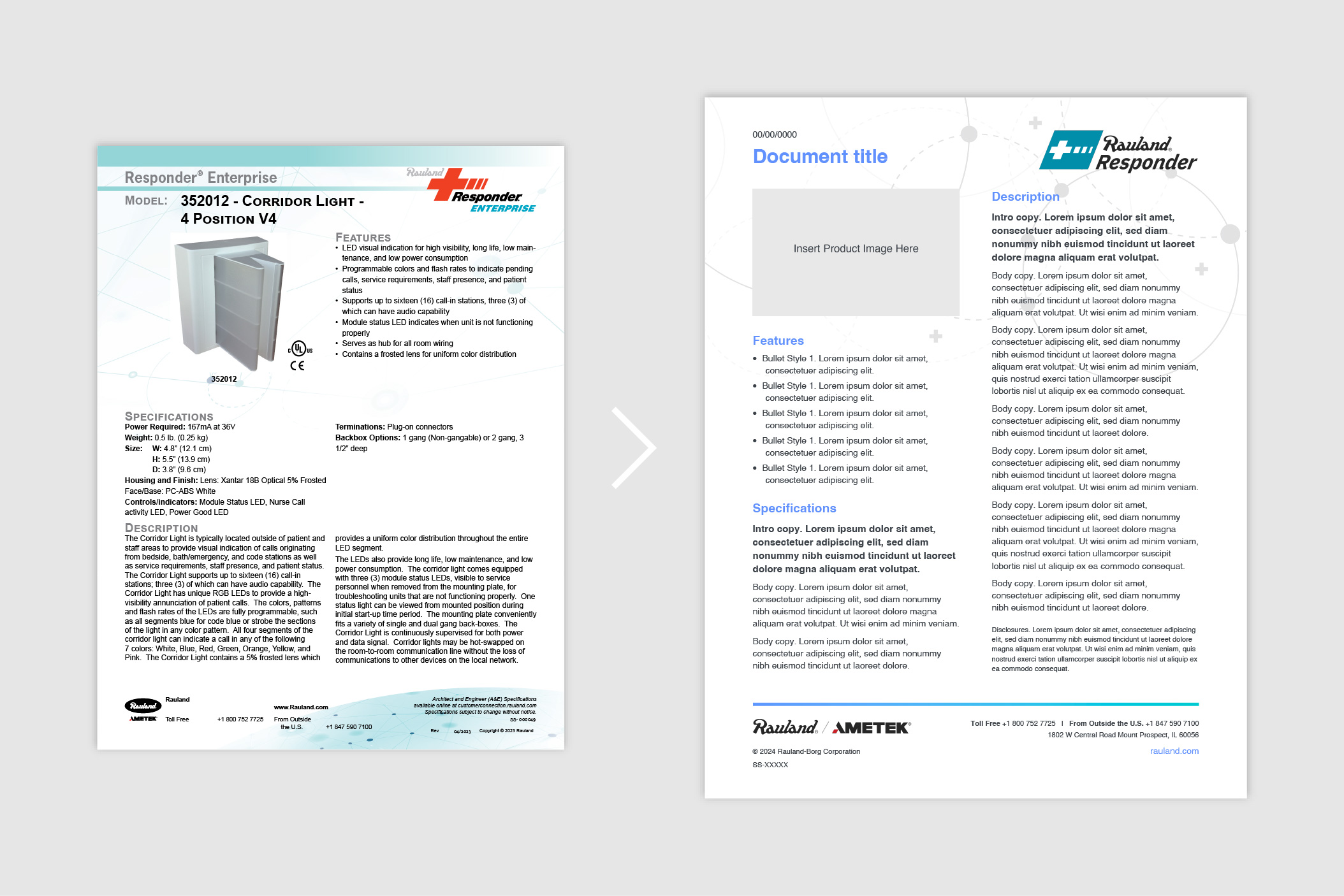Screenshots of before and after of Rauland® catalog page
