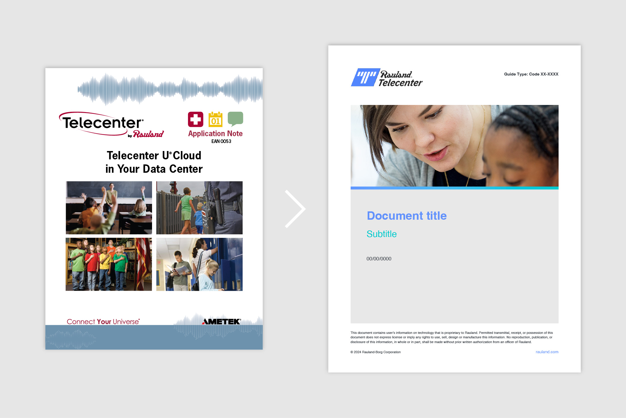 Screenshots of before and after of Rauland® app note guide cover
