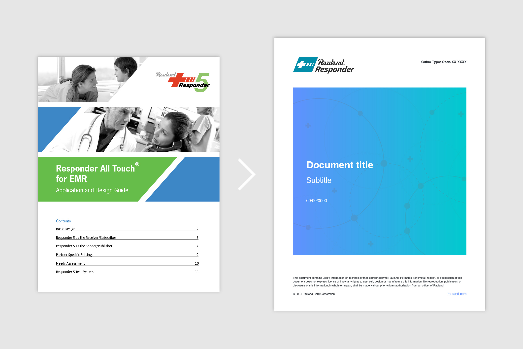 Screenshots of before and after of Rauland® app and design guide cover