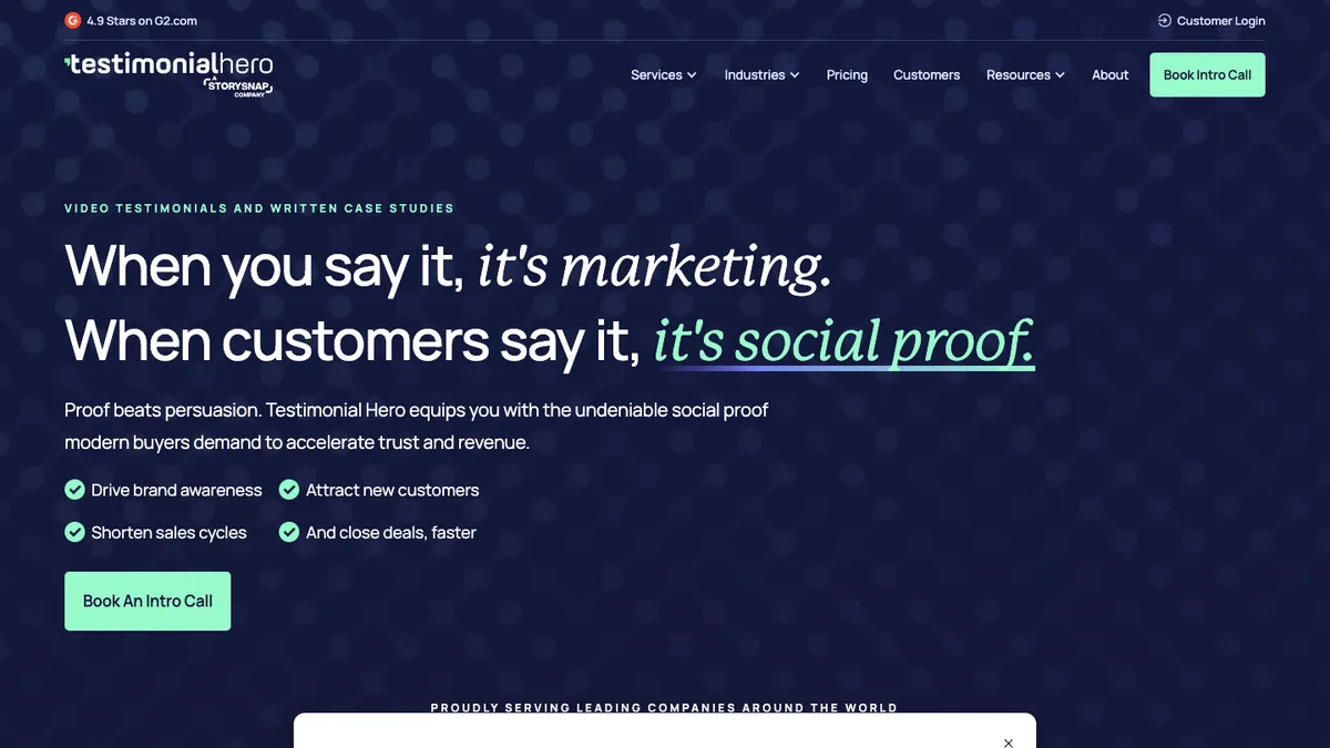 Testimonial Hero homepage, B2B video testimonial production