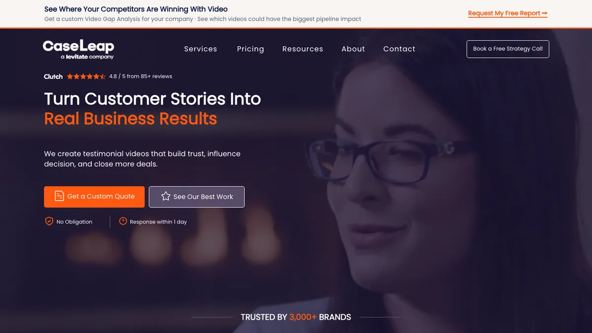 CaseLeap homepage, B2B video testimonial and case study production