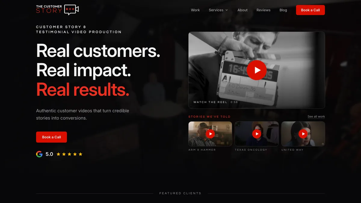 The Customer Story homepage, customer testimonial video production