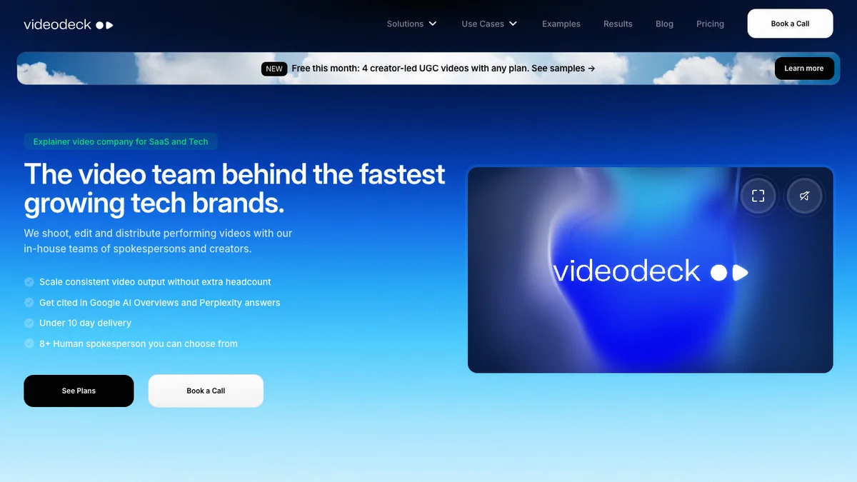 Videodeck homepage, B2B video production for SaaS with 10-day delivery