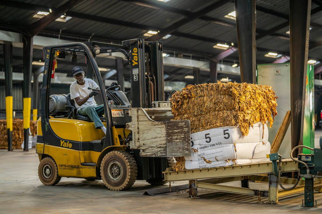 A forklift driver is loading a pallet of wood